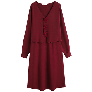 新年战袍300斤胖mm端丽风花朵假两件胖莹莹大码女装热颂红连衣裙