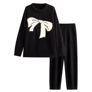 睡衣女秋冬季保暖半边绒高级感黑色显瘦减龄套装冬天珊瑚绒家居服