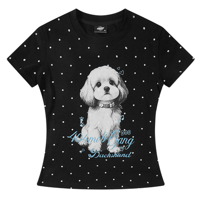 404MOB美式满印波点印花小狗短袖T恤女款显瘦弹力短款辣妹上衣夏