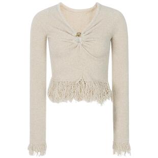 CELLO SONATA 春季新款米白色流苏装饰胸部褶皱女士针织衫上衣