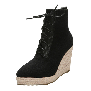 毛线口马丁靴厚底高级感休闲中筒靴坡跟短靴女真皮冬季加绒白靴子