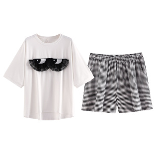 夏季睡衣女款纯棉短袖短裤可爱卡通宽松黑白色家居服少女小码套装