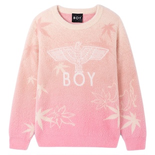 【枫】BOYLONDON春季提花圆领粉色渐变女款套头针织毛衣N60037