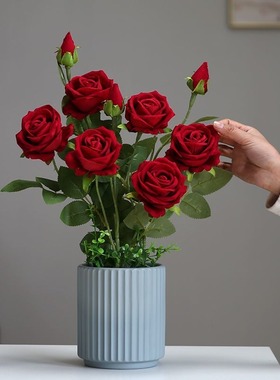 现代仿真花玫瑰花摆件客厅假花干枝装饰家居餐桌绢花花艺摆设盆栽