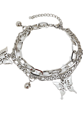 POYO轻奢小众女生设计感蝴蝶双层链手环ins韩版简约个性钛钢手链