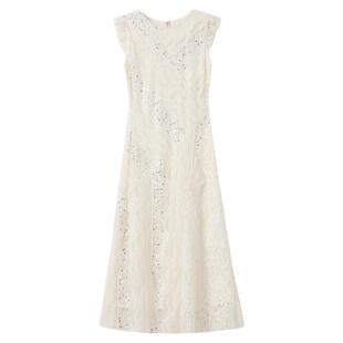 轻国风版蕾丝钉珠亮片连衣裙女新中式飞飞袖圆领气质款长裙 N5005