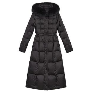 YINER音儿女装冬季长款过膝高克重保暖狐狸毛领连帽白鹅绒羽绒服