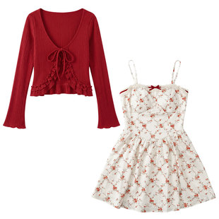 织物猪 热恋红莓 甜欲风碎花吊带连衣裙女夏气质开衫短裙两件套