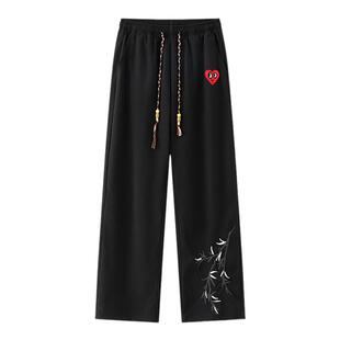 查尔斯桃心 新中式竹子刺绣休闲裤男2025年春夏秋季宽松直筒长裤