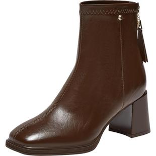 【月光靴】百思图25冬商场新款高跟白色短靴加绒法式瘦瘦小踝靴女