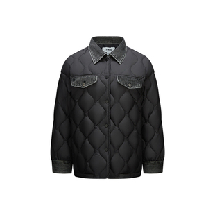 森马羽绒服女中长款宽松防泼水冬季牛仔翻领拼接轻薄外套黑色街头