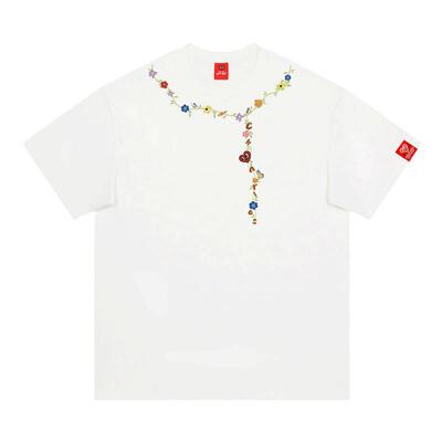 查尔斯桃心 美式花朵项链短袖T恤男女夏季纯棉印花情侣新款上衣