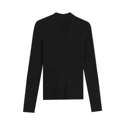 Maven Lin 高智感|优雅黑色V领长袖针织衫女气质修身长袖上衣