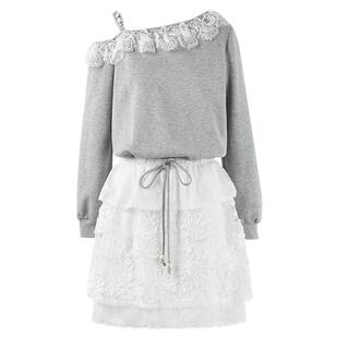 MISSCOCOON可可尼蕾丝拼接露肩裙子女2026春季新款卫衣棉质连衣裙