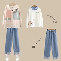 Весна и осенняя набор из трех частей [Белый топ + PA-136 Брюки светлый цвет + Пекин-японский медведь абрикосовый куртка]