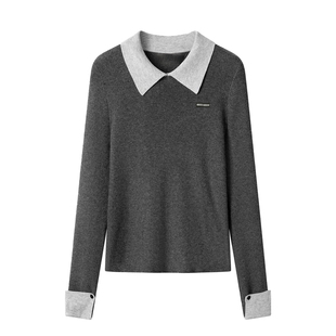 JONIbyBEB 冬季繆系女孩灰拼色翻领卷袖口韦里诺羊毛混纺针织长袖