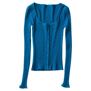 稀有概率 微澜拾光 浪花方领针织开衫女秋季薄款法式修身长袖上衣