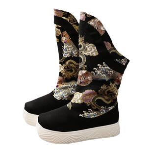 冬汉服靴子男COS皂靴同款长靴古装平跟翘头布靴古风侠客配圆领袍