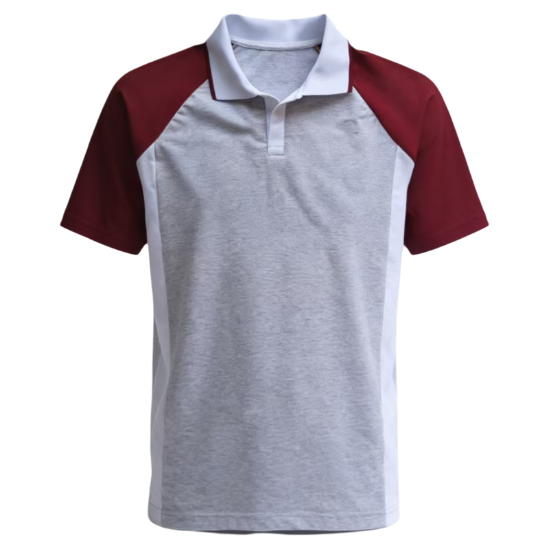 白色酒红拼色翻领短袖校服POLO衫