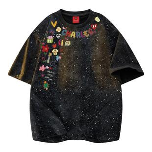 查尔斯桃心美式满天星短袖T恤男女夏季涂鸦印花拼色扎染纯棉上衣