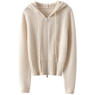 气质松针!太爱了~连帽100%纯山羊绒拉链开衫女羊绒毛衣针织外套