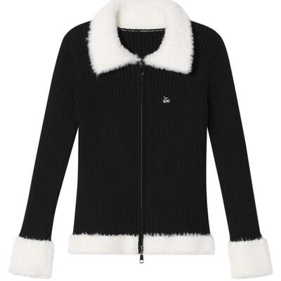 SALT.P可颜黑白撞色毛领拼接修身显瘦坑条开衫毛针织衫冬