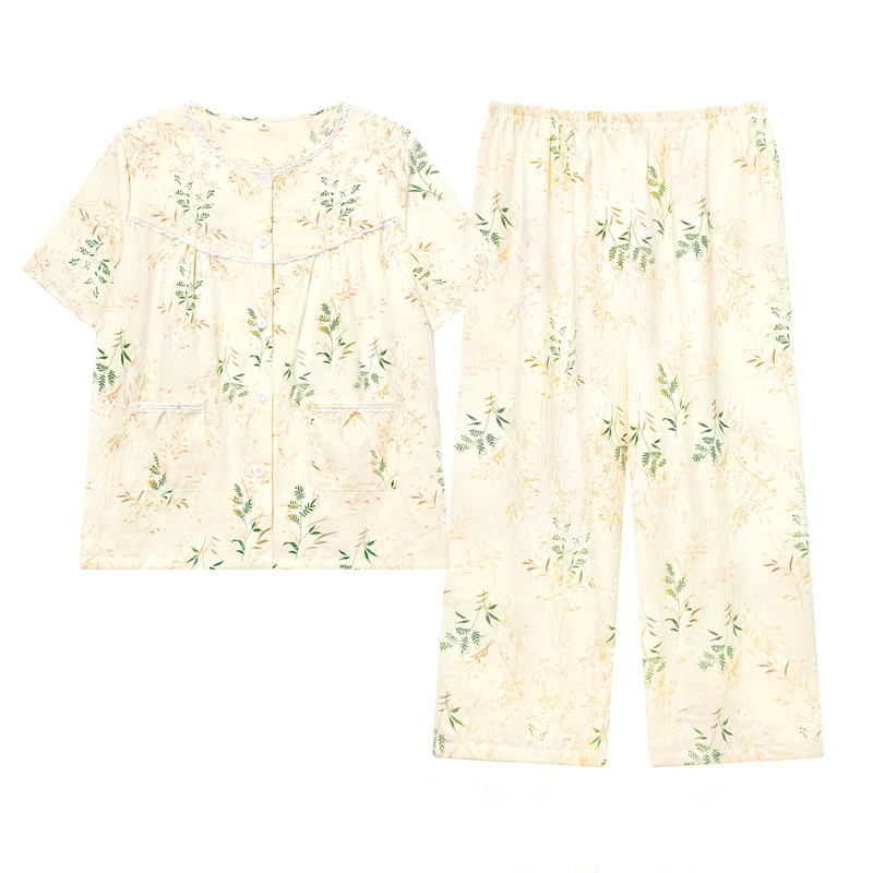 2026年新款带胸垫睡衣女夏季云朵棉短袖七分裤大码开衫宽松家居服
