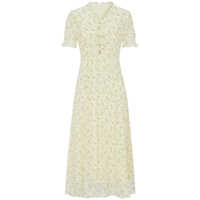 马天奴米黄桑蚕丝印花连衣裙