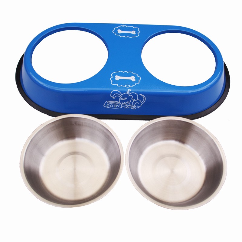 不锈钢双碗猫碗狗底图案狗水盆卡通防滑盆宠物碗食盆