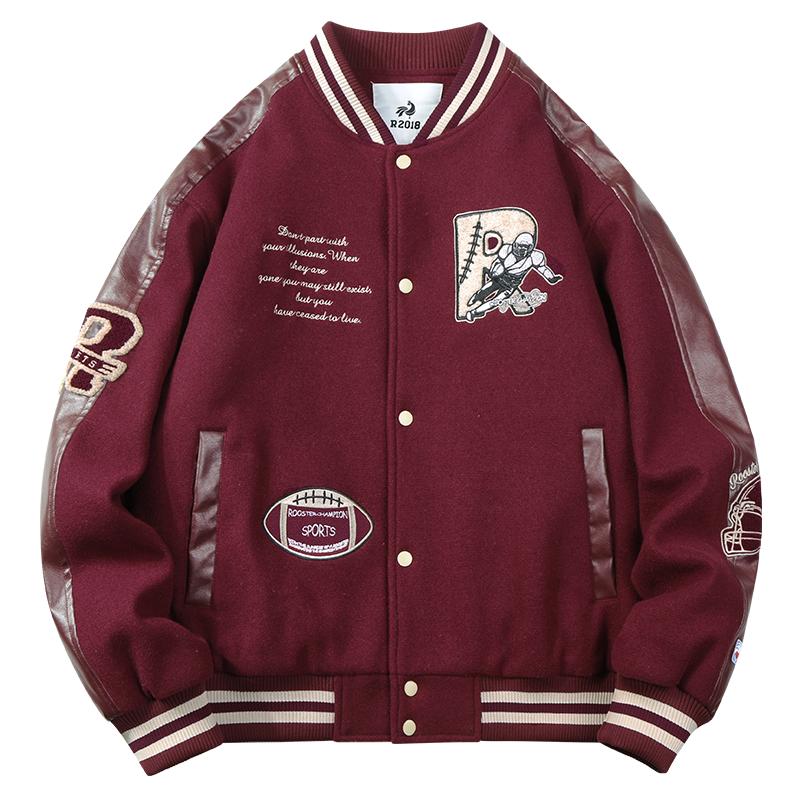 公鸡冠军棉服女新款冬季宽松酒红色复古刺绣PU皮拼接夹棉加厚外套