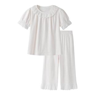 英氏100%纯棉儿童睡衣女童春夏季薄款短袖七分裤家居服套装空调服