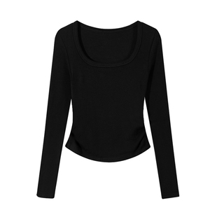 方领修身长袖T恤女士秋冬内搭长袖打底衫洋气上衣可外穿加绒德绒