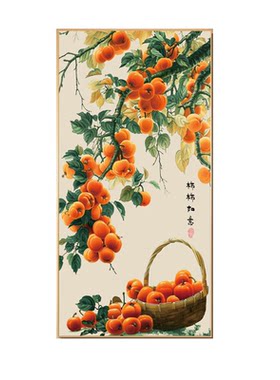 手绘油画柿柿如意客厅挂画高级感中式入户玄关走廊过道竖版装饰画
