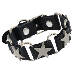 星星做旧铆钉真皮环扣手链破碎感嘻哈朋克摇滚情侣男女手环配饰