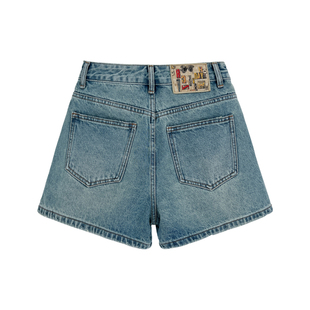 【现货】西草儿6012牛仔短裤女夏季热裤高腰浅蓝色薄款a字阔腿裤