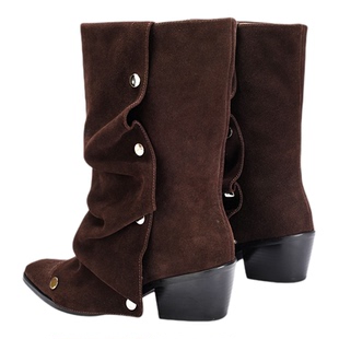 UBORYA原创布朗尼面包片麂皮绒手工褶皱百搭休闲棕色西部中筒靴