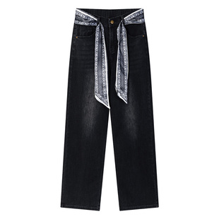 宛宛大码秋季新款黑色直筒牛仔裤胖mm梨形身材宽松显瘦弹力九分裤