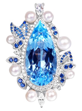 VISING珠宝天然托帕石珍珠水滴戒指13ct左右S925银