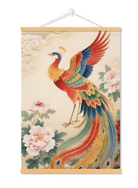新款国风凤凰工笔神鸟挂画玄关走廊客厅玄关百鸟朝凤招财装饰挂画