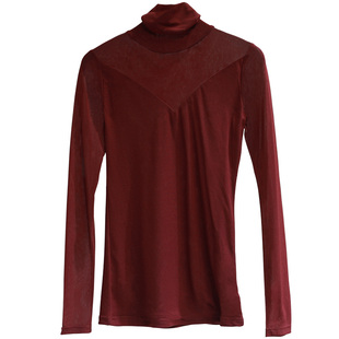 半高领网纱打底衫女士长袖秋装沙体t恤弹力舞蹈纱衣蕾丝黑纱上衣