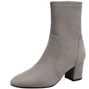 千百度粗高跟弹力靴袜靴百搭冬季气质显瘦时装靴瘦瘦短靴女靴子