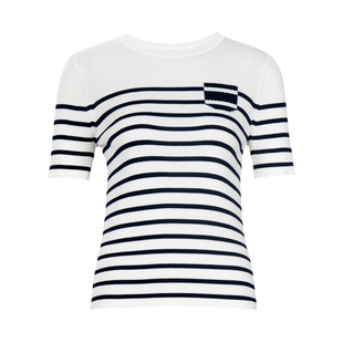 HONRN/红人莱赛尔混纺蓝白条纹短袖针织衫上衣女春秋HJ11OM874