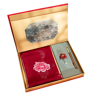 新年礼物本命年红色桑蚕丝丝巾苏绣女春秋刺绣花卉国风围巾礼盒装
