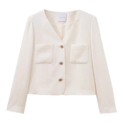 水云间v领短款外套女小香风杏色上衣醋酸混纺时尚通勤2026春新款