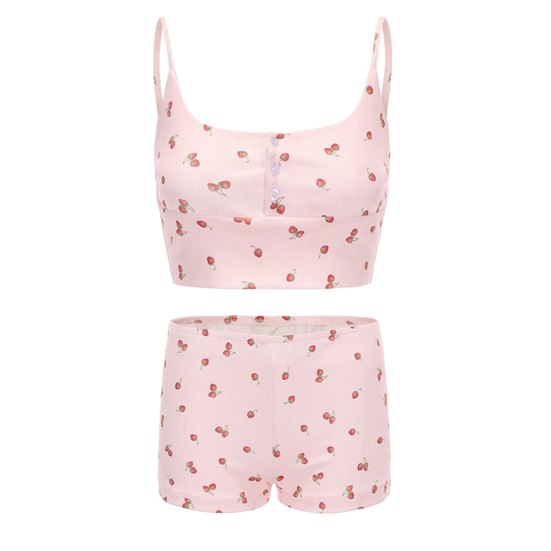 今夕何夕性感睡衣纯欲少女樱桃印花秋甜美诱惑短裤两件套吊带睡裙