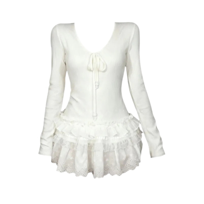 白色V领蕾丝蝴蝶结长袖打底衫