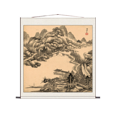 明王鉴仿古山水斗方挂画定制丝绸