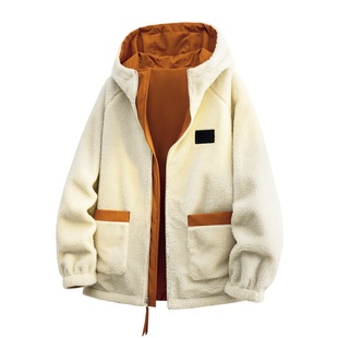 马克华菲羊羔绒双面穿棉衣男款冬季加绒加厚连帽夹克男士保暖外套