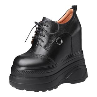 超高跟16cm内增高真皮女鞋小个子松糕厚底运动风棕色系带休闲单鞋