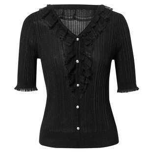 La Koradior拉珂蒂春季新款荷叶边饰优雅气质套头衫女v领短袖上衣